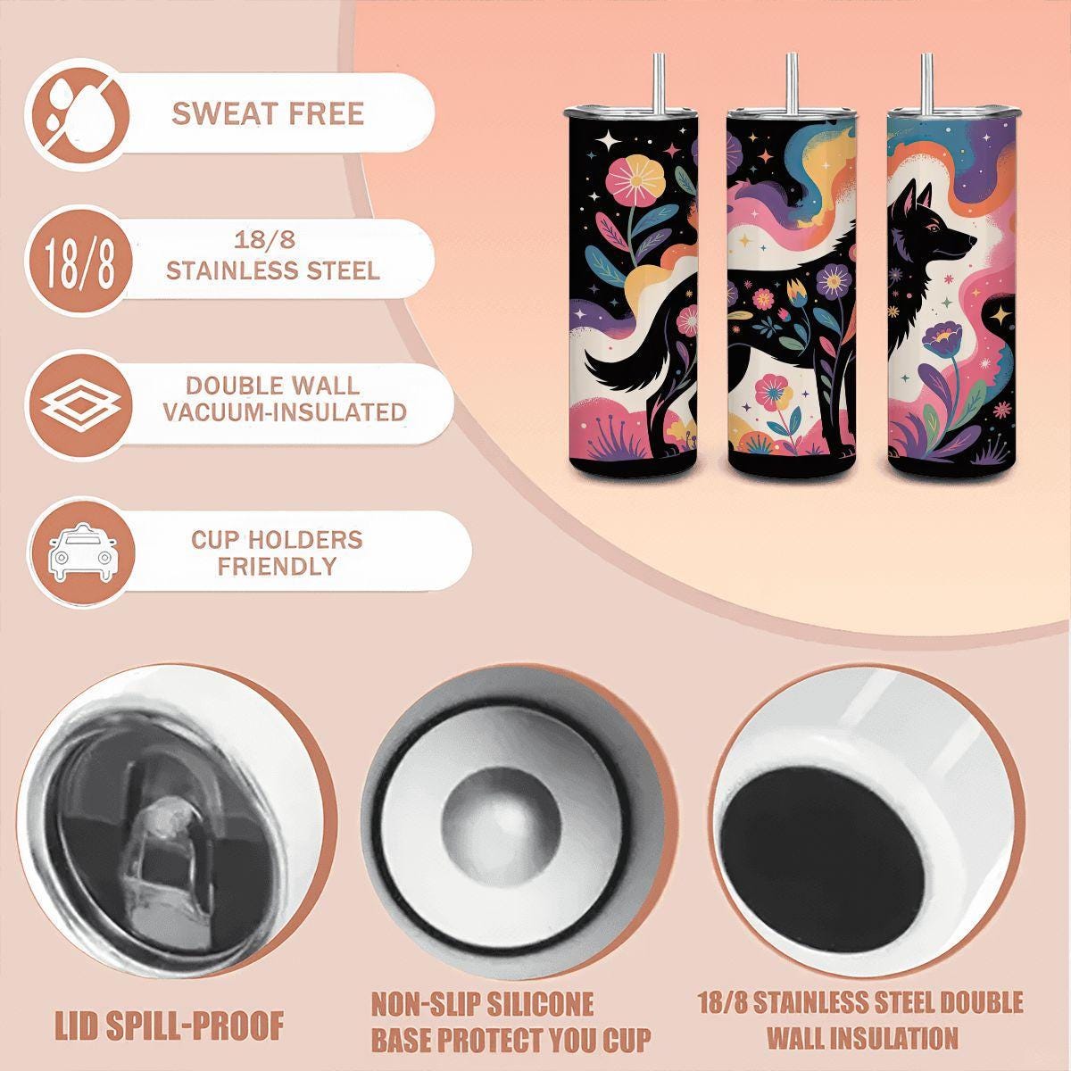 ColorFlow | Wildflower Spirit Wolf Tumbler | 20oz Stainless Steel Insulated Mug with Straw | Boho Animal Art Travel Cup