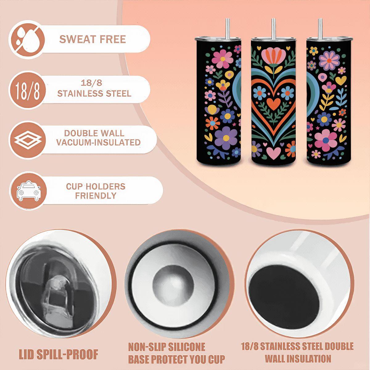 ColorFlow | Folk Art Heart & Flowers 20oz Stainless Steel Tumbler with Straw | Colorful Floral Mug | Insulated Gift Cup