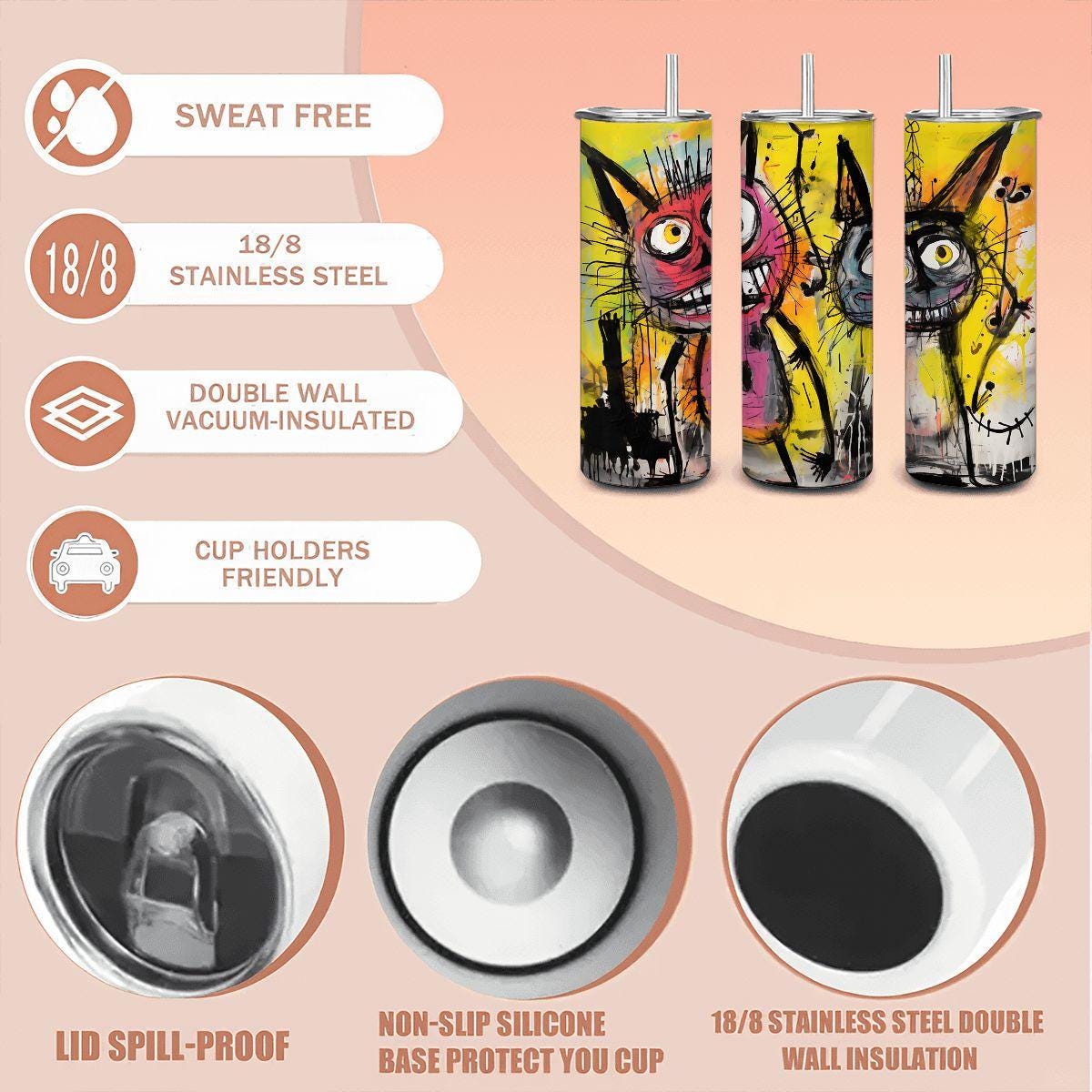 ColorFlow | Doodle Cats Tumbler | Abstract Cat Art Cup | 20oz Stainless Steel Travel Mug with Straw | Gift for Cat Lovers