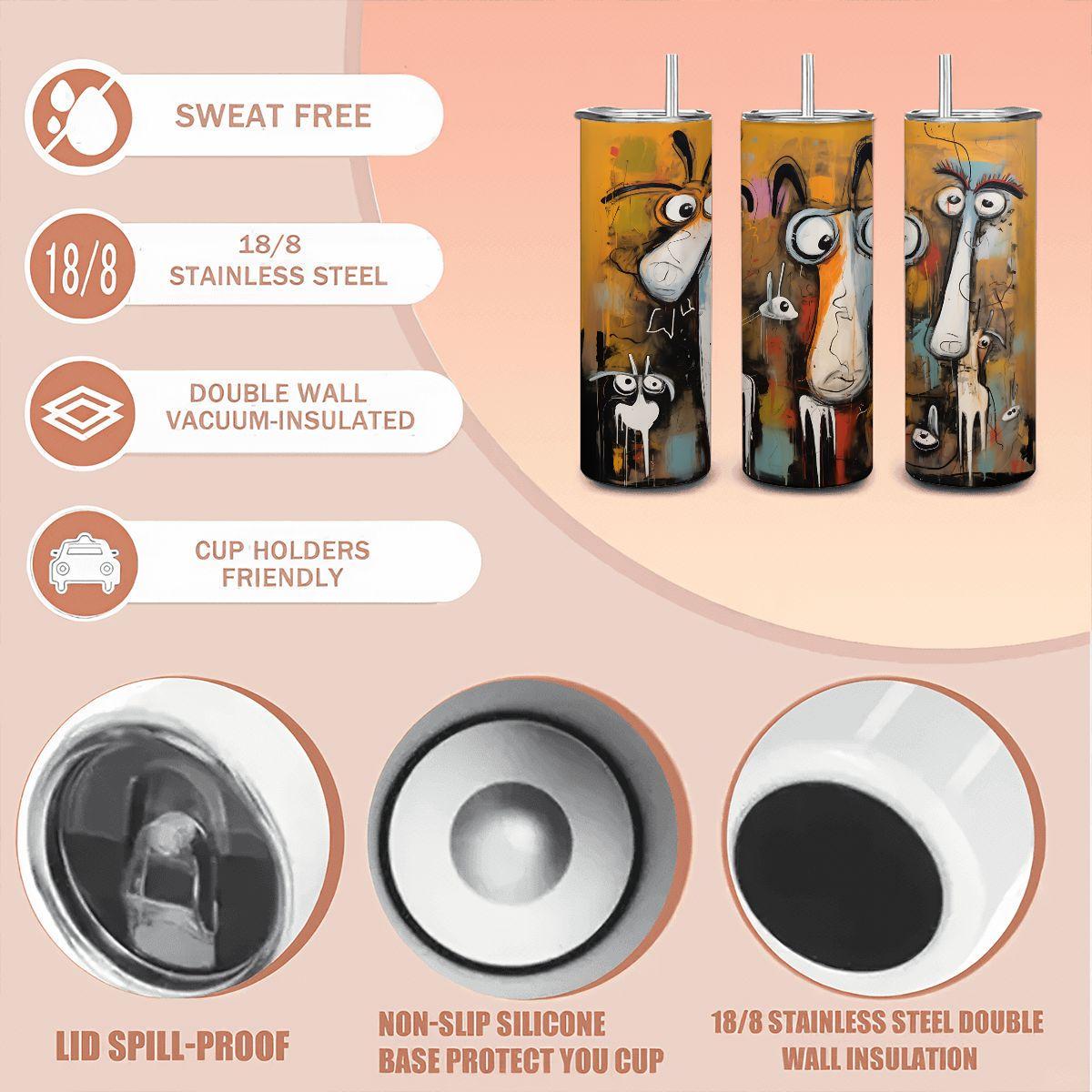 ColorFlow | Crazy Dog Squad Tumbler | Abstract Dog Art Cup | 20oz Stainless Steel Travel Mug with Straw | Funny Pet Lover Gift