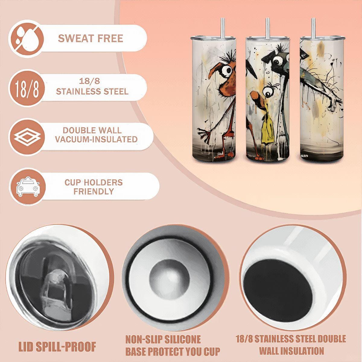 ColorFlow | Goofy Dog Trio Tumbler | Funny Dog Art Cup | 20oz Stainless Steel Travel Mug with Straw | Gift for Pet Lovers