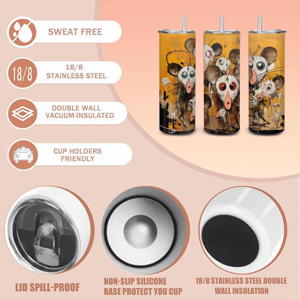 ColorFlow | Doodle Mouse Family Art Tumbler | 20oz Stainless Steel Travel Cup | Funny Whimsical Mug | Artistic Coffee Gift Idea