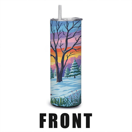 ColorFlow | Winter Sunset Landscape Tumbler | 20oz Stainless Steel Cup with Straw | Snowy Forest Art Mug | Nature Gift