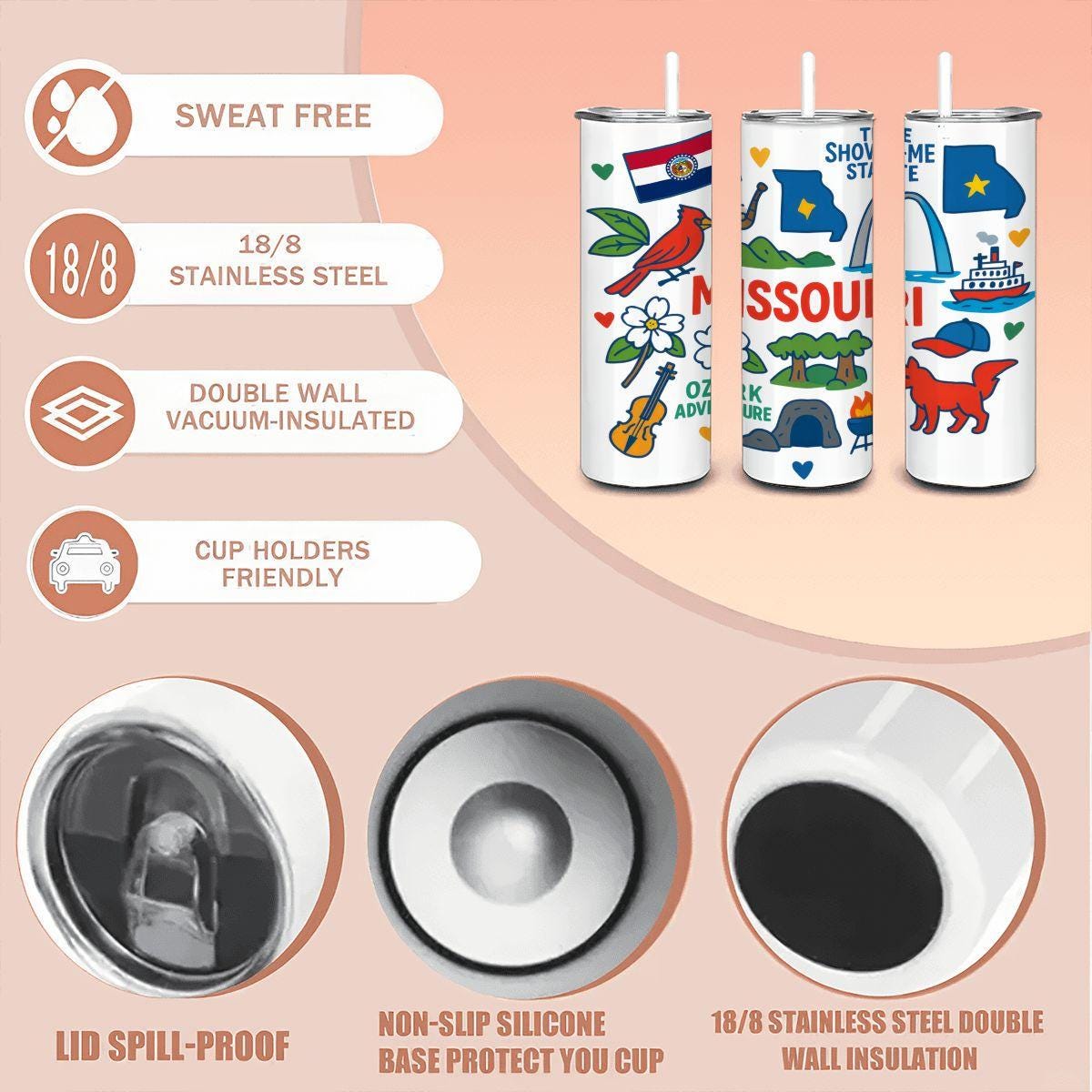 ColorFlow | Missouri Show-Me State Tumbler | Ozark Adventure | 20oz Stainless Steel Travel Mug with Straw
