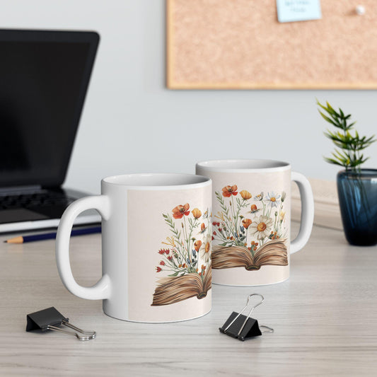 ColorFlow | Book of Wildflowers Mug | 15oz Cottagecore Ceramic Coffee Cup | Literary Botanical Gift for Book Lovers