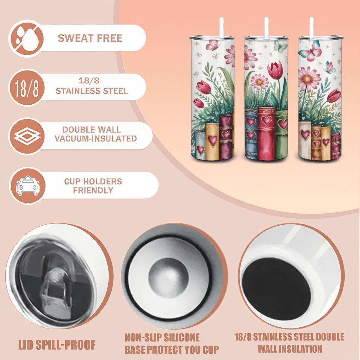 Floral Butterfly Book Garden Tumbler | Insulated Stainless Steel Coffee Cup