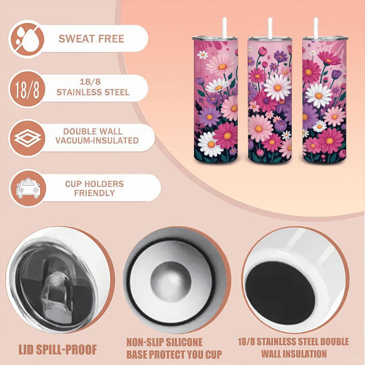 Floral Garden Tumbler | Stainless Steel Travel Cup with Straw