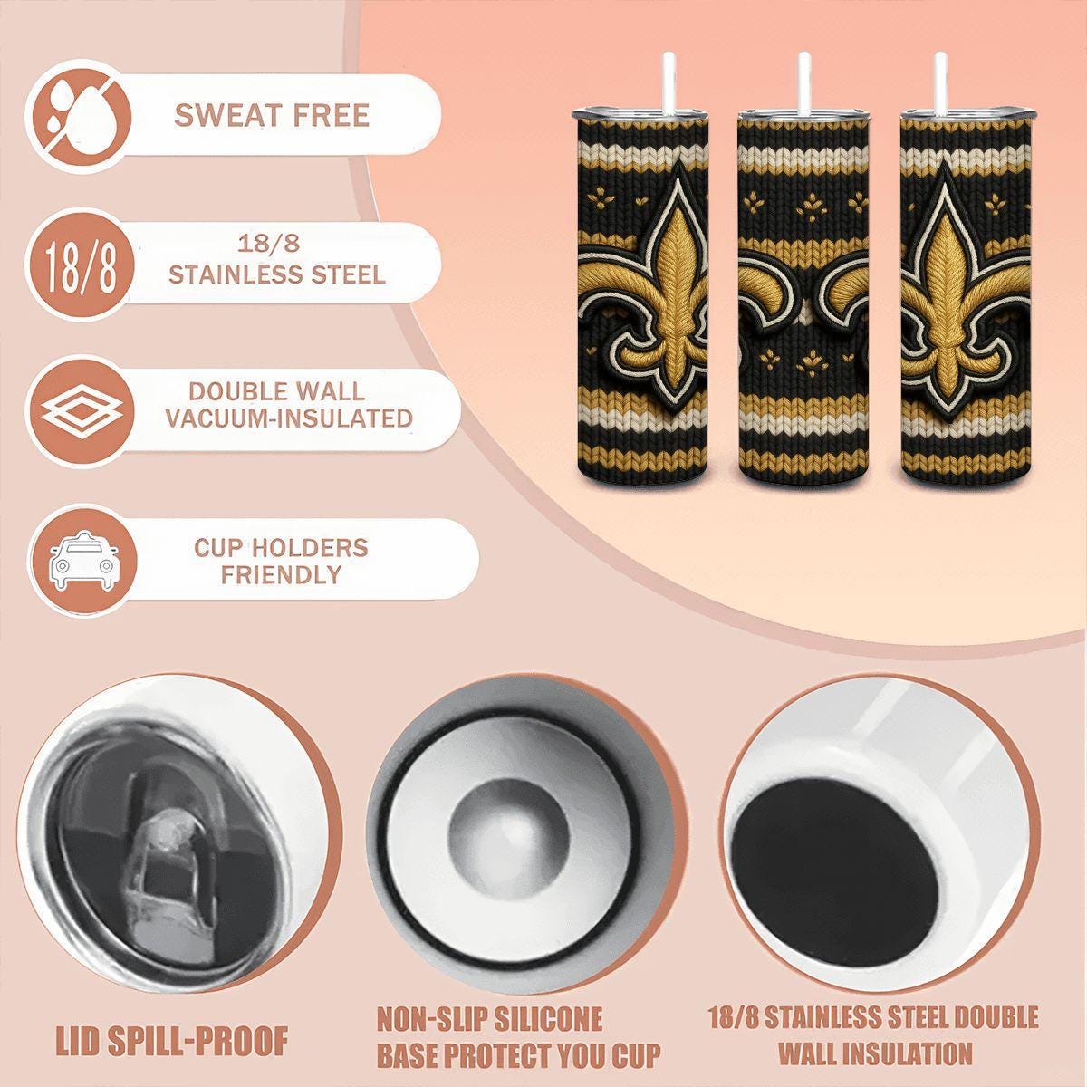 ColorFlow | New Orleans Saints Inspired Seamless Sweater 20oz Skinny Tumbler with Straw