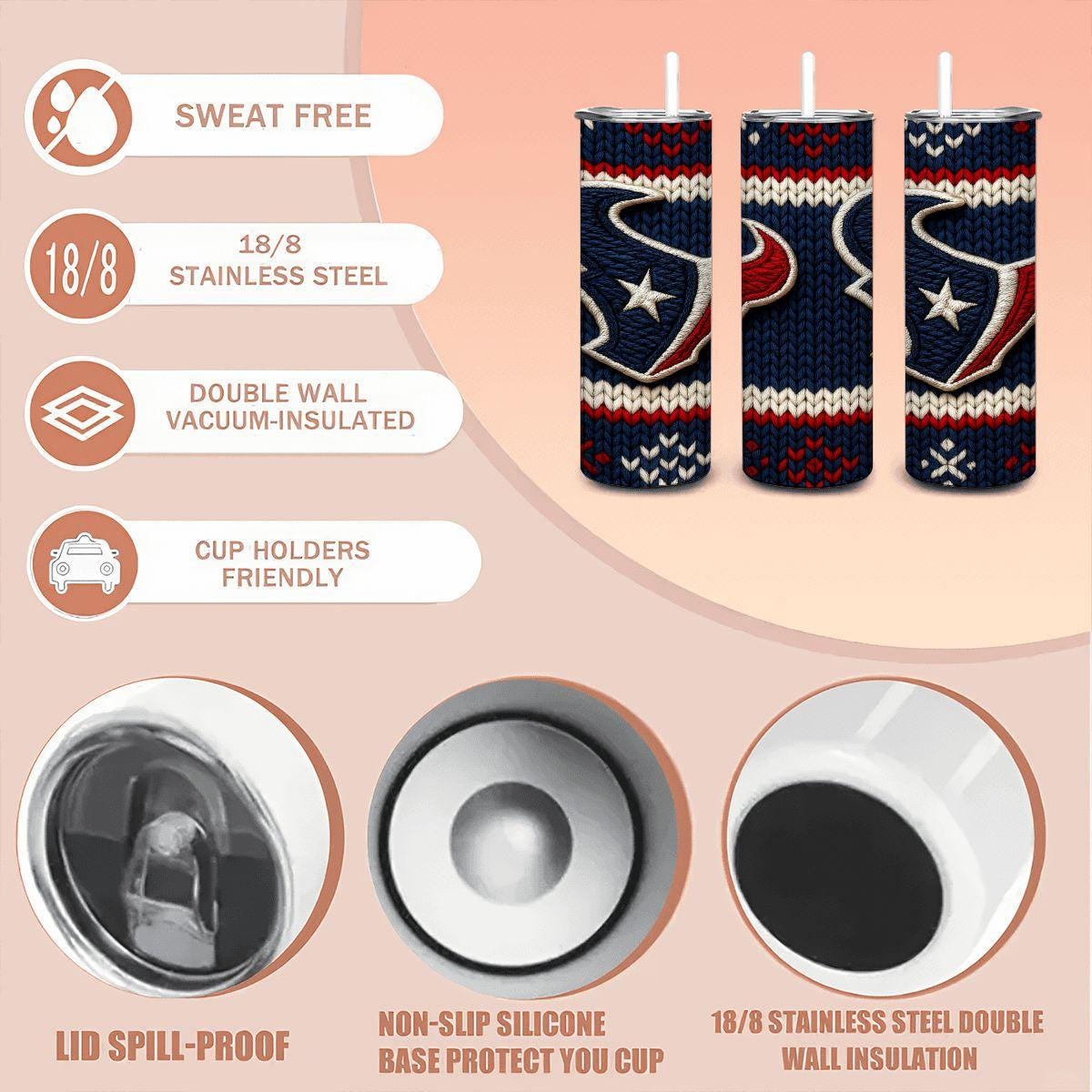 ColorFlow | Houston Texans Inspired Seamless Sweater 20oz Skinny Tumbler with Straw