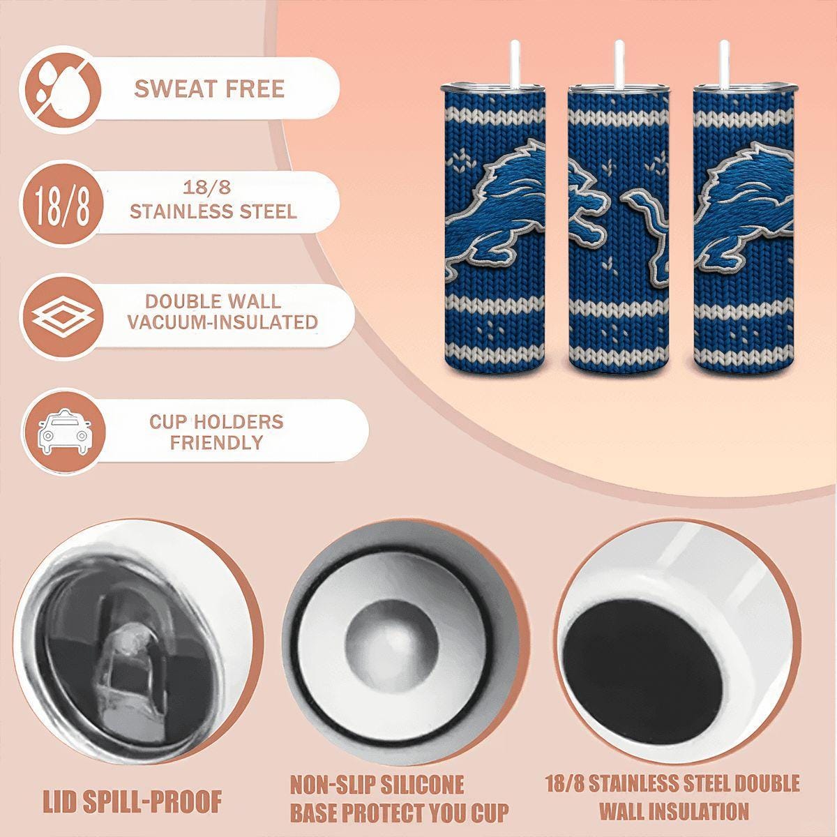 ColorFlow | Detroit Lions Inspired Seamless Sweater 20oz Skinny Tumbler with Straw