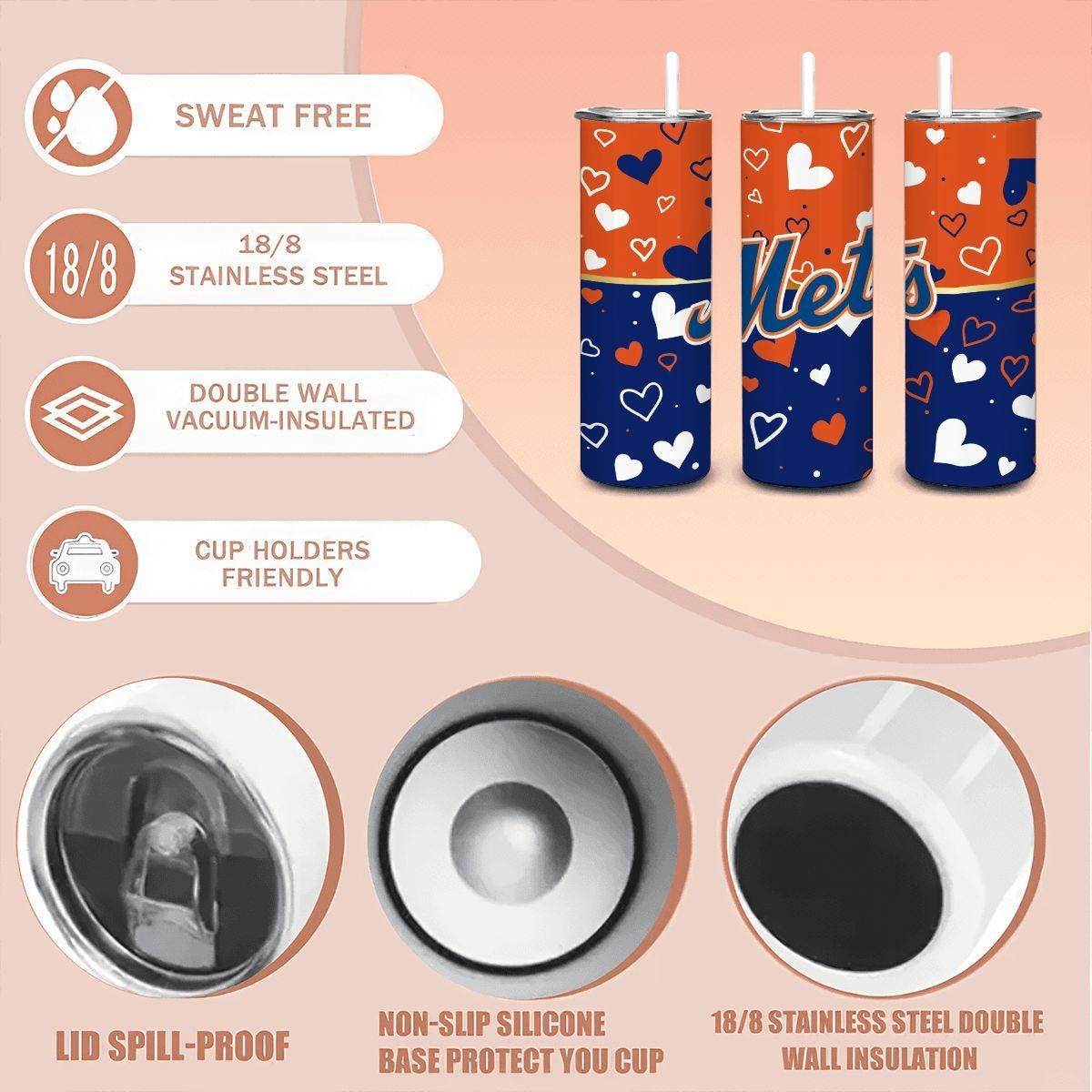 ColorFlow | New York Inspired Mets Hearts Straight Tumbler 20oz Stainless Steel Gift Optional Personalization