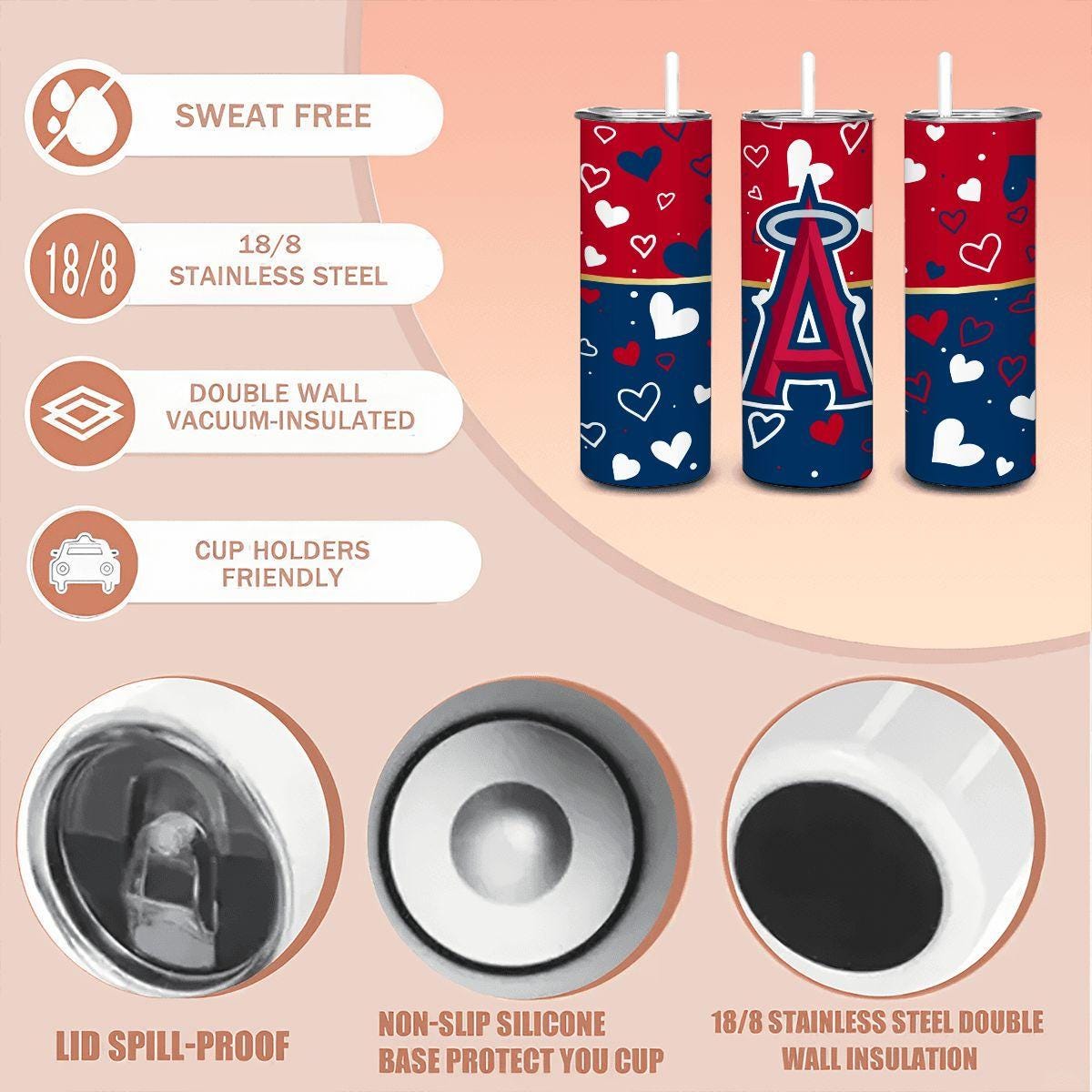 ColorFlow | Los Angeles Inspired Angels Hearts Straight Tumbler 20oz Stainless Steel Drinkware Optional Personalization