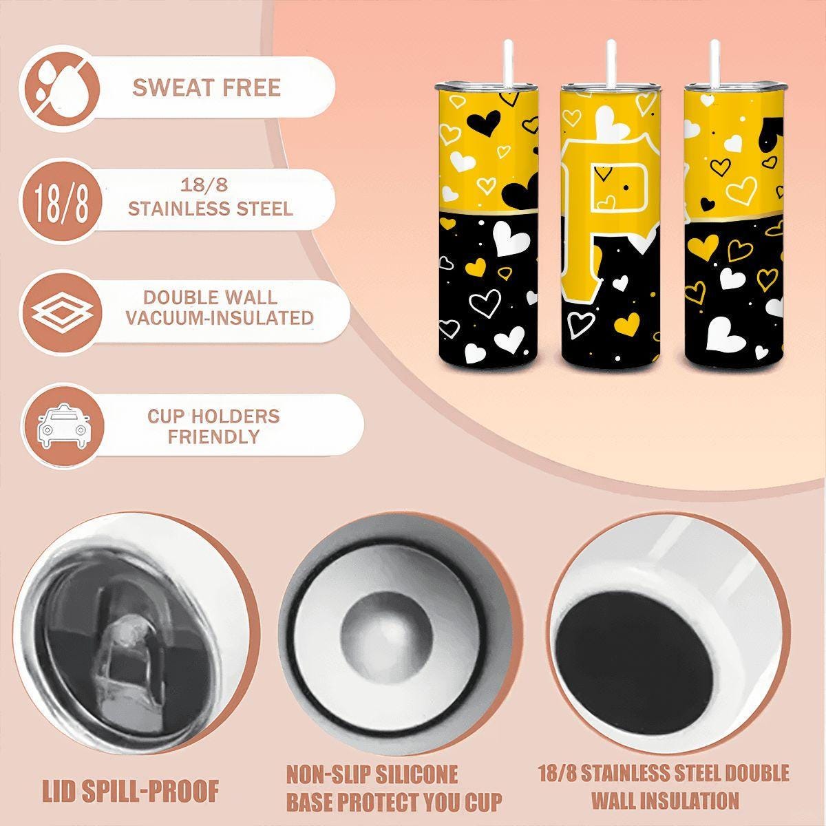 ColorFlow | Pittsburgh Inspired Pirates Hearts Straight Tumbler 20oz Stainless Steel Drinkware Optional Personalization