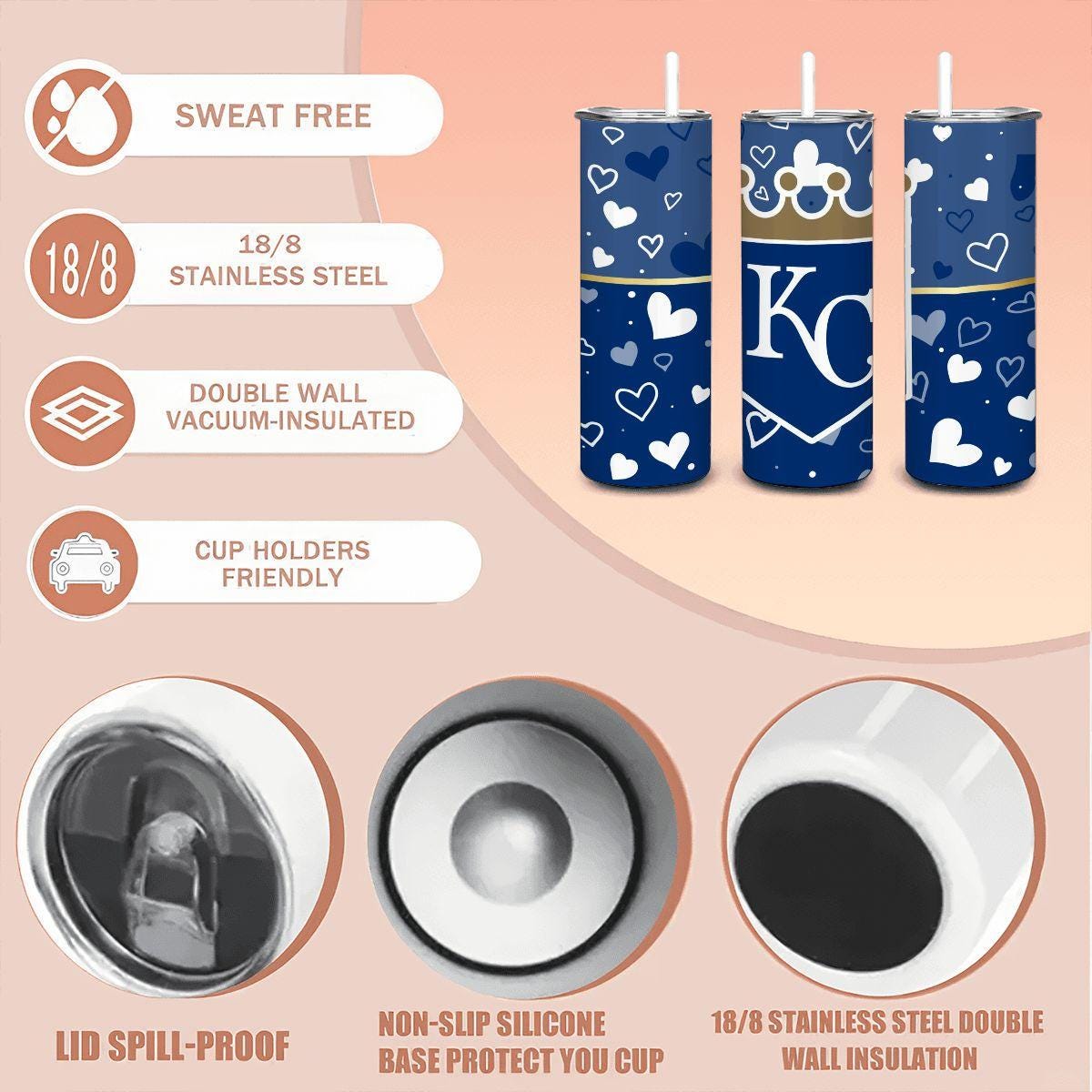 ColorFlow | Kansas City Inspired Royals Hearts Straight Tumbler 20oz Stainless Steel Drinkware Optional Personalization