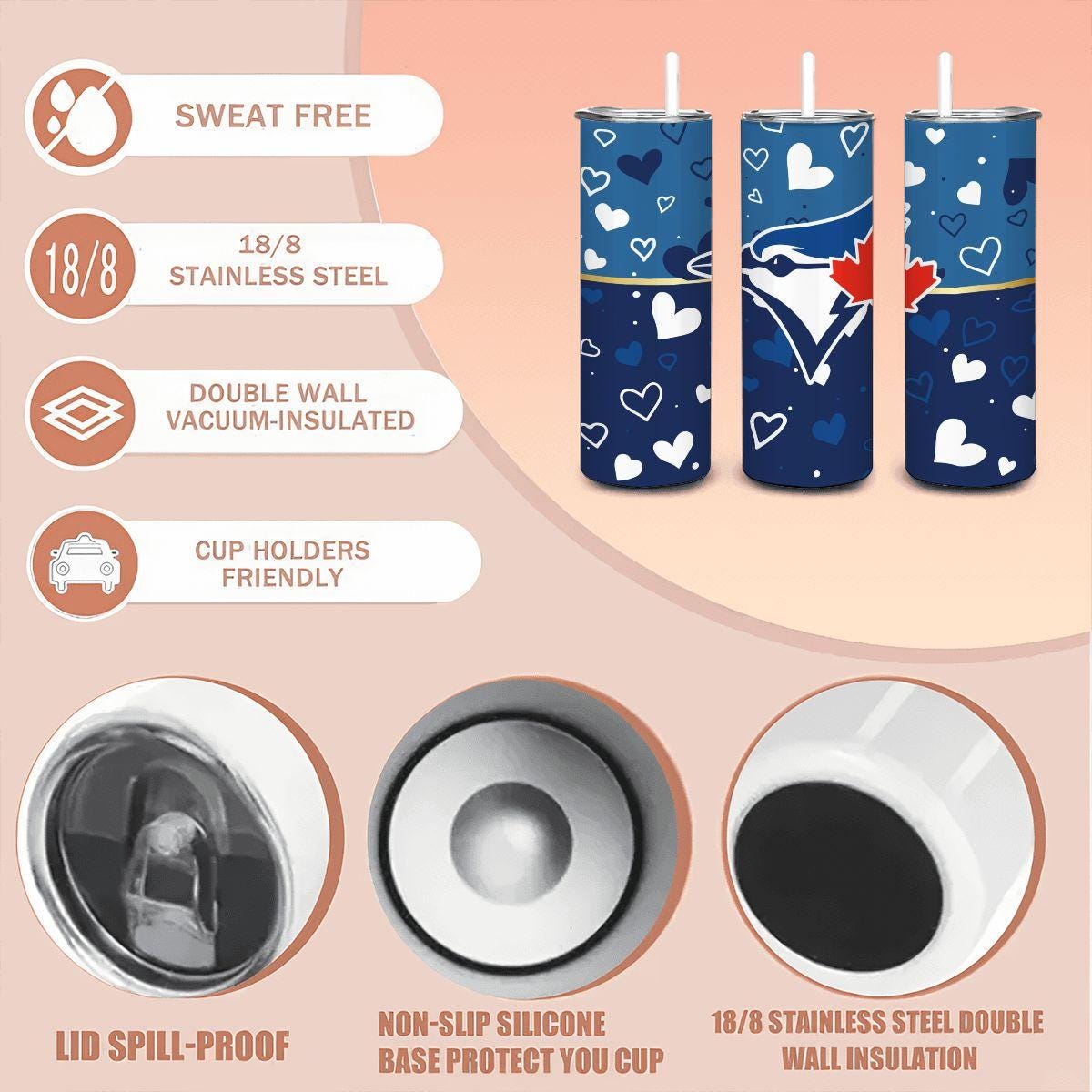 ColorFlow | Toronto Inspired Blue Jays Hearts Straight Tumbler 20oz Stainless Steel Gift Optional Personalization