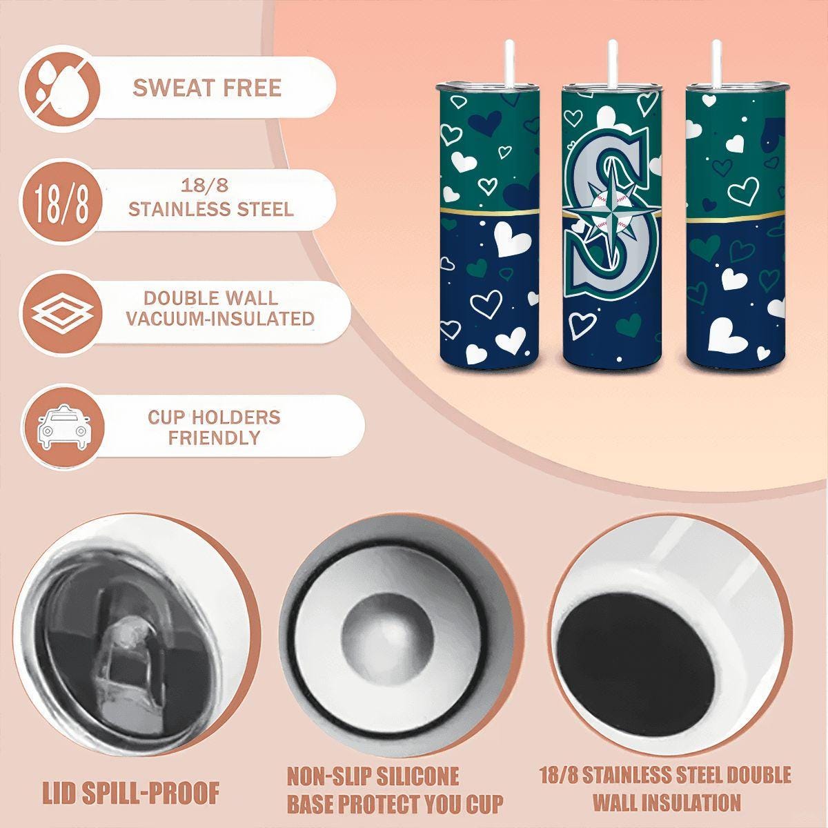 ColorFlow | Seattle Inspired Mariners Hearts Straight Tumbler 20oz Stainless Steel Gift Optional Personalization
