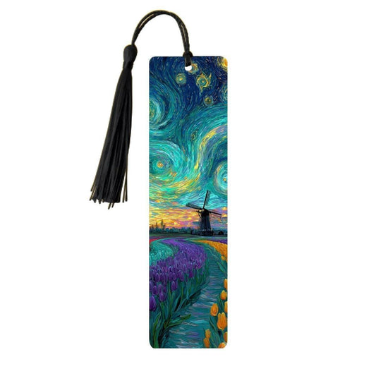 ColorFlow | Vibrant Tulip Field Windmill Metal Bookmark Van Gogh Style Sunset Swirl Art Double Sided Aluminum Reading Gift | Optional Person