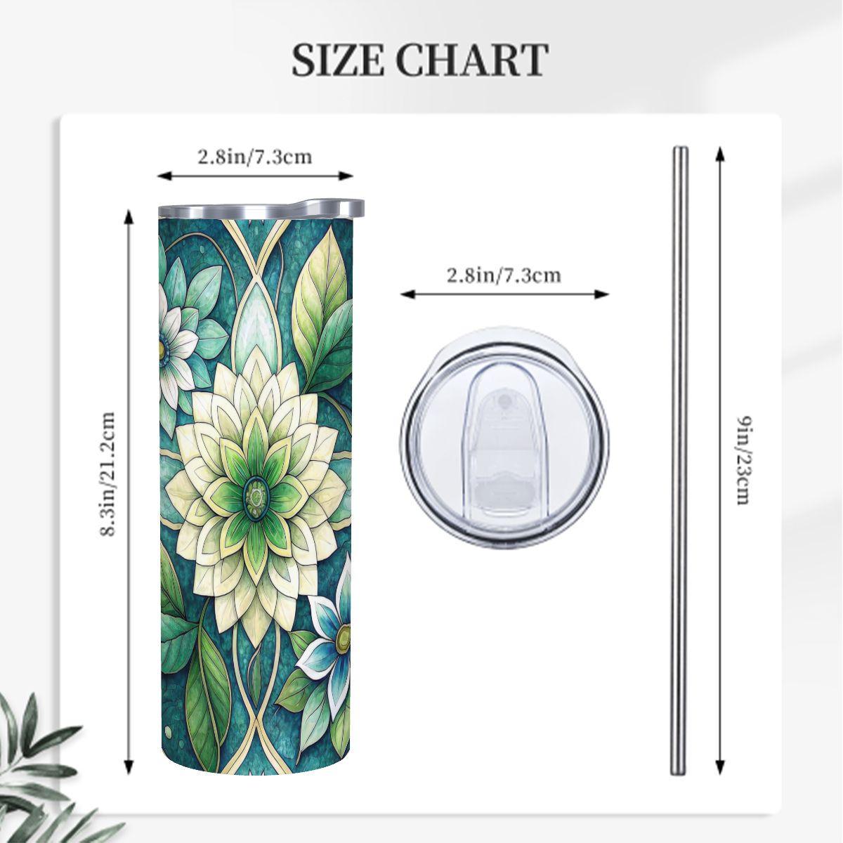 ColorFlow | Tranquil Sage Blossom 20oz Skinny Stainless Steel Tumbler with Straw | Soft Green Botanical Art