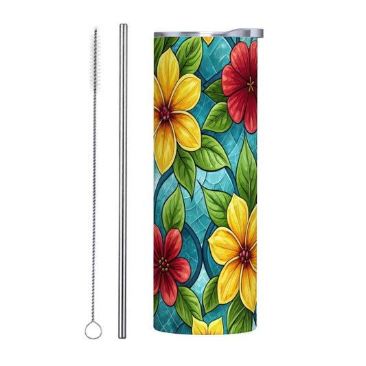 ColorFlow | Golden Petal Mosaic 20oz Skinny Stainless Steel Tumbler with Straw | Bright Floral Glass Pattern