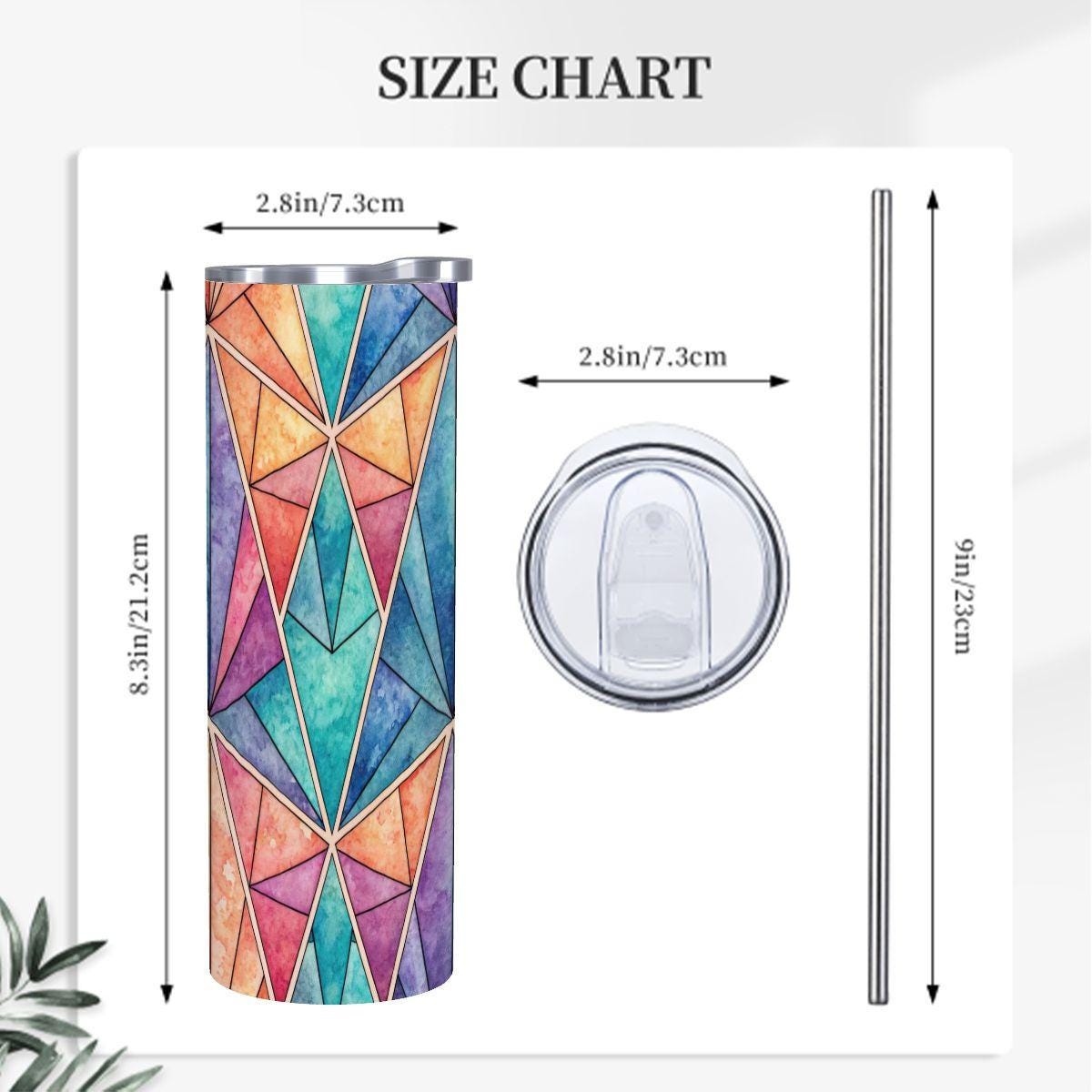 ColorFlow | Prism Mosaic 20oz Skinny Stainless Steel Tumbler with Straw | Colorful Geometric Art Travel Cup