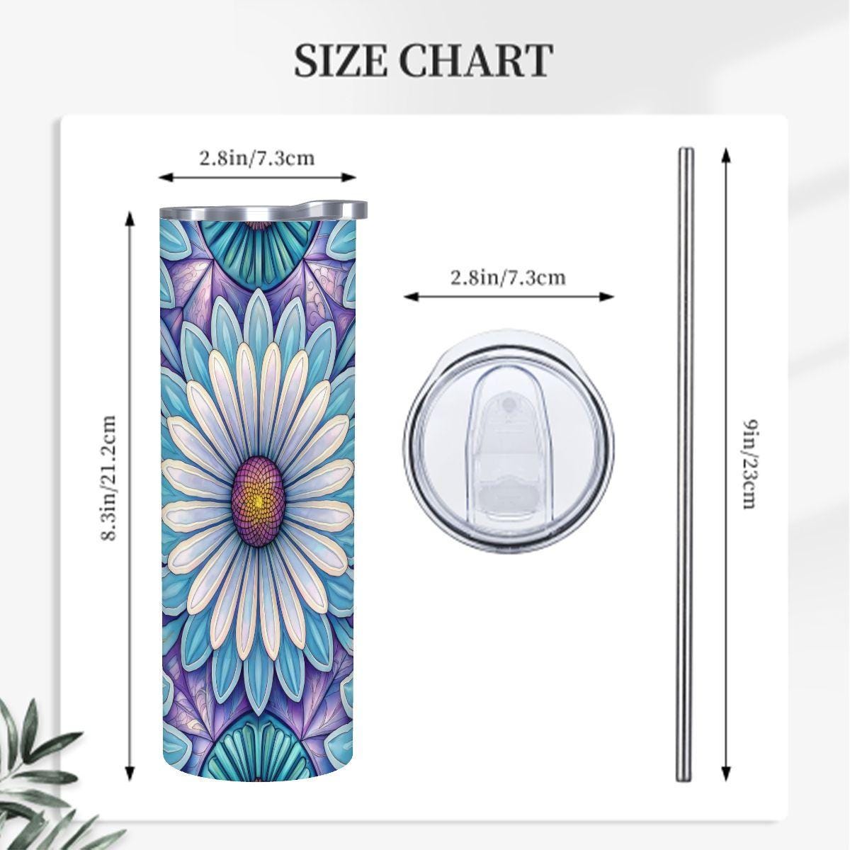 ColorFlow | Blue Lotus Mandala 20oz Skinny Stainless Steel Tumbler with Straw | Floral Stained Glass Design