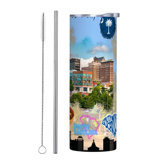 ColorFlow | South Carolina State Pride 20oz Skinny Stainless Steel Tumbler with Straw | Palmetto State Skyline Travel Cup