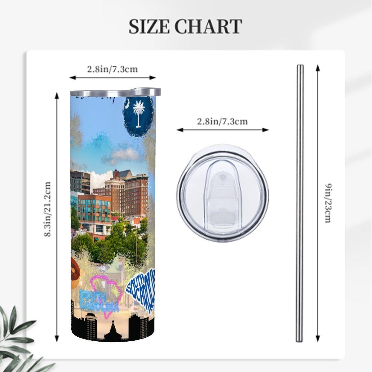ColorFlow | South Carolina State Pride 20oz Skinny Stainless Steel Tumbler with Straw | Palmetto State Skyline Travel Cup
