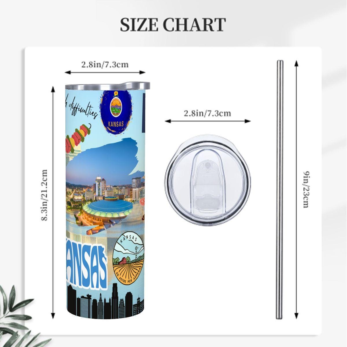 ColorFlow | Kansas State Pride 20oz Skinny Stainless Steel Tumbler with Straw | Kansas City Skyline Travel Coffee Cup