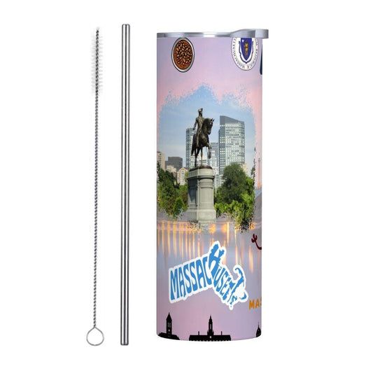 ColorFlow | Massachusetts State Pride 20oz Skinny Stainless Steel Tumbler with Straw | Boston Heritage Skyline Travel Cup