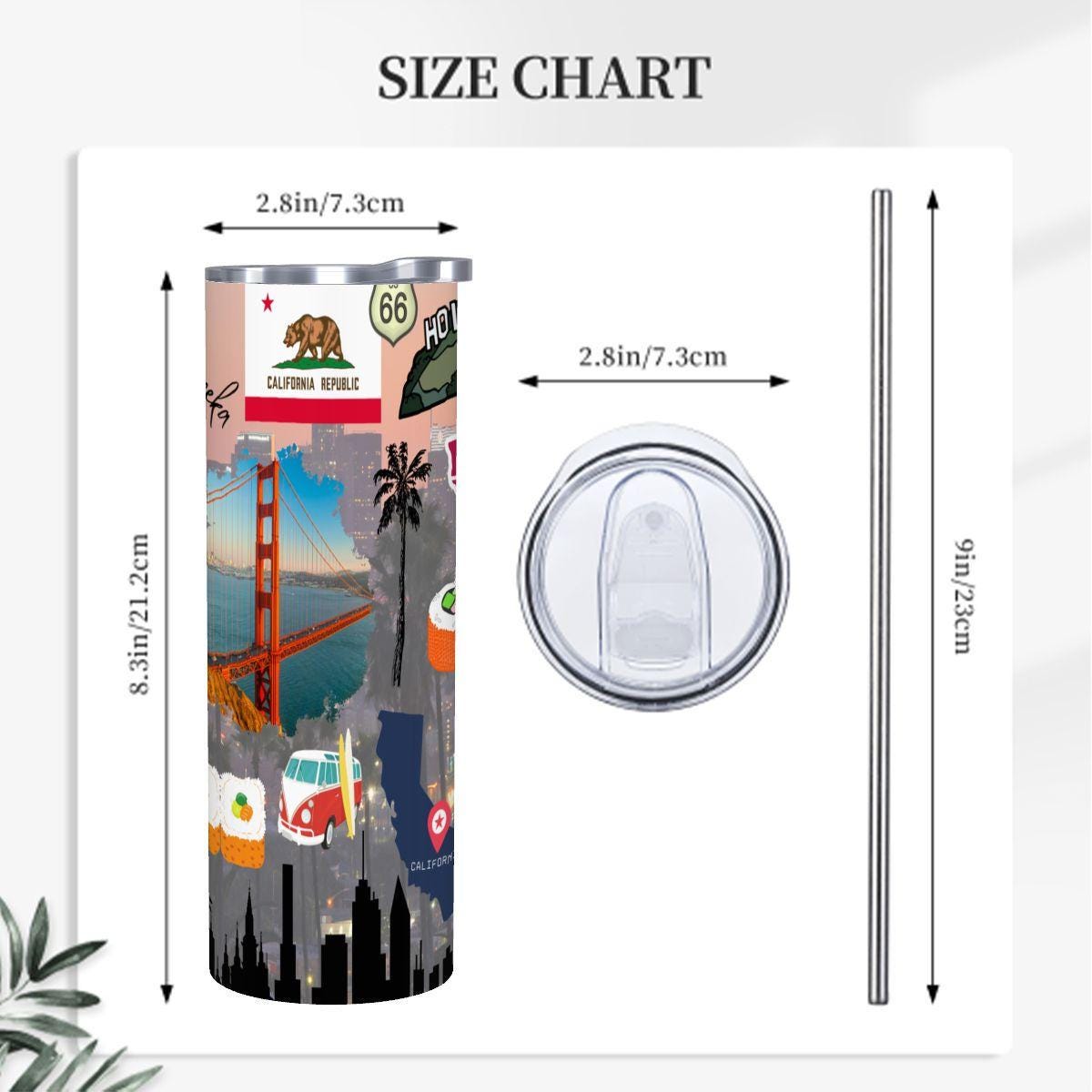 ColorFlow | California Dreamin 20oz Skinny Stainless Steel Tumbler with Straw | Golden Gate Hollywood Coast Vibes Cup
