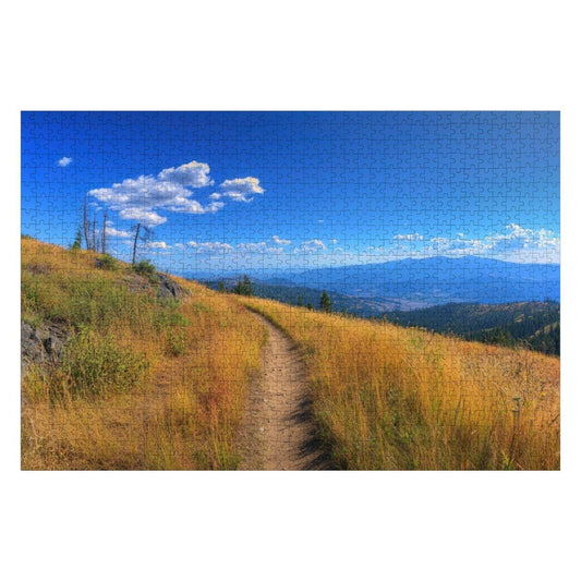 ColorFlow | Sunlit Mountain Trail Wooden Jigsaw Puzzle Peaceful Landscape Art Inspired Puzzle