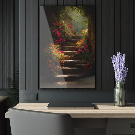 ColorFlow | Secret Garden Stone Stairway Metal Wall Art | Romantic Floral Steps Decor | Enchanted Cottage Wall Statement