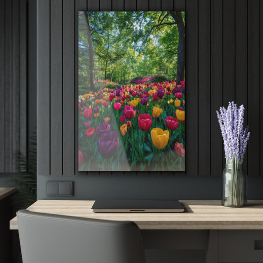 ColorFlow | Sunlit Tulip Meadow Metal Wall Art | Bright Spring Woodland Decor | Lush Floral Landscape Wall Accent