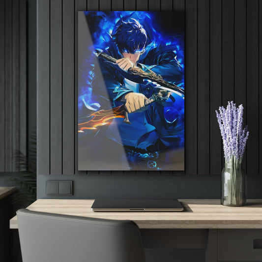 ColorFlow | Shadow Blade Arcane Swordsman Anime Metal Wall Art | Blue Aura Fantasy Decor