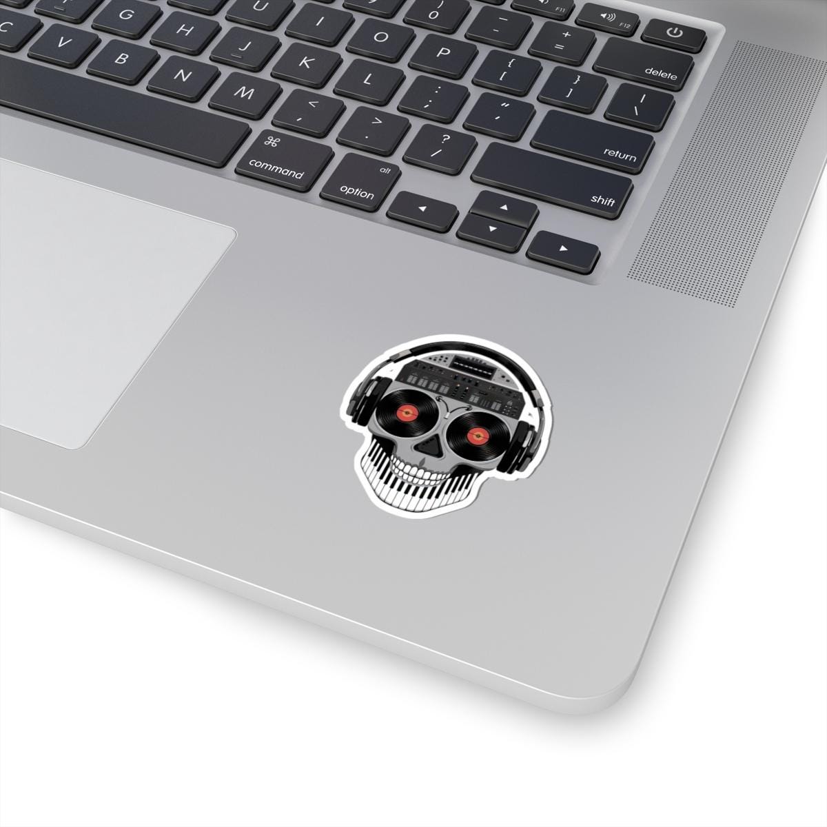 DJ Skull Sticker | Vinyl Eyes, Headphones, Piano Teeth (Kiss Cut Decal)