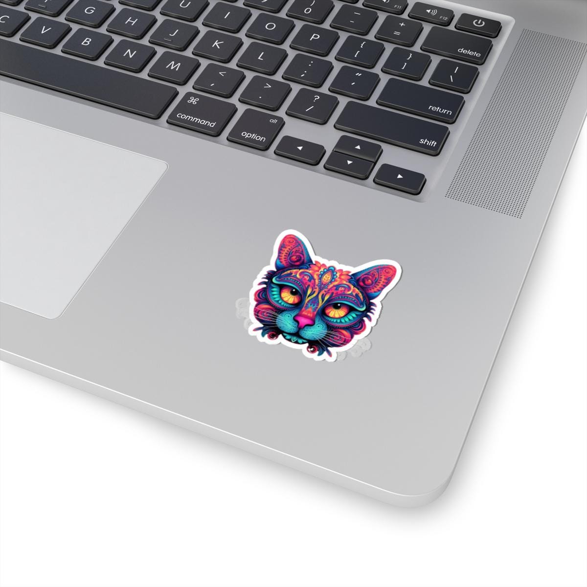 Trippy Cat Sticker | Psychedelic Neon Floral Vinyl Decal (Laptop Art)