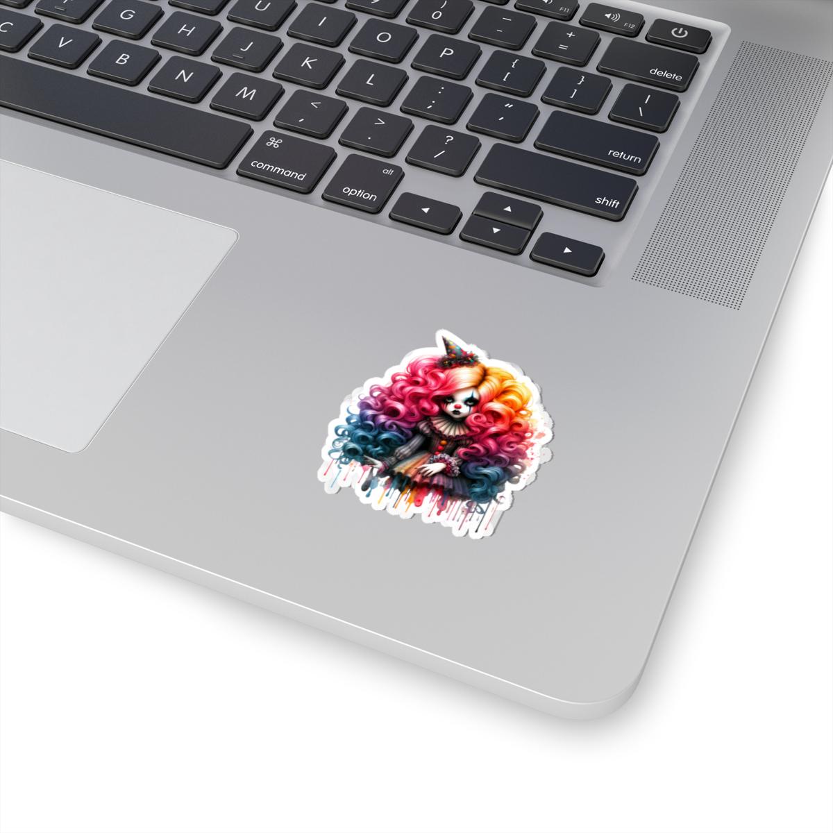 ColorFlow | Pastel Circus Doll Sticker | Rainbow Curls Creepy Cute Clowncore Art | Gothic Jester Alt Aesthetic Decal
