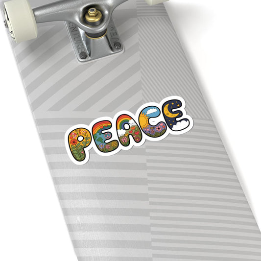 ColorFlow | Peace Word Art Sticker Groovy Hippie Retro Vinyl Decal with Rainbows Flowers Moon Earth Waterproof Glossy Kiss Cut Sticker