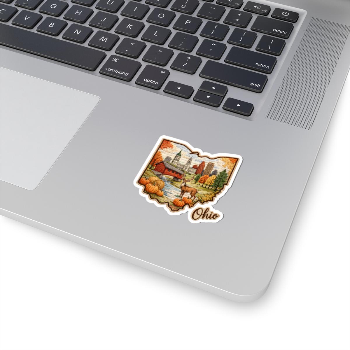 Ohio Autumn Heritage Vinyl Sticker | Covered Bridge, Skyline, Deer, Pumpkins