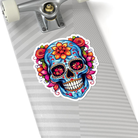 ColorFlow | Blue Sugar Skull Vinyl Sticker | Floral Dia de los Muertos Art Decal | Waterproof Laptop Water Bottle Decor
