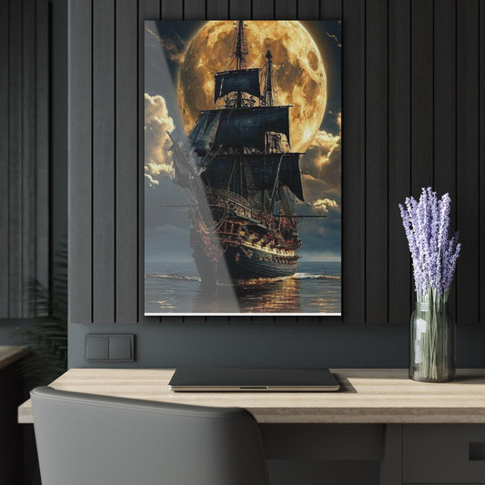 ColorFlow | Moonlight Pirate Ship Metal Art Print | Fantasy Ocean Artwork | Dark Sea Decor | Nautical Decor | Adventure Art