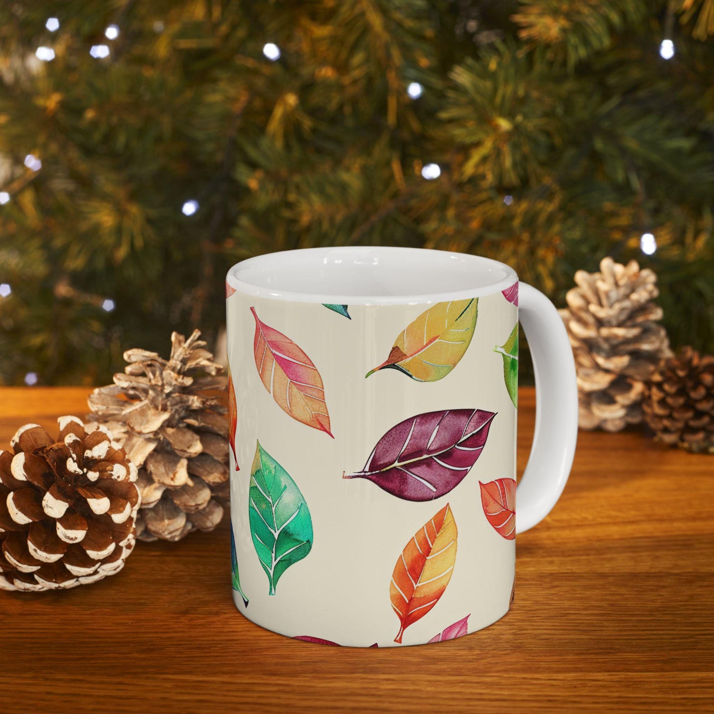 Watercolor Autumn Leaves Mug | 15oz Ceramic Coffee Cup (Seasonal Gift)