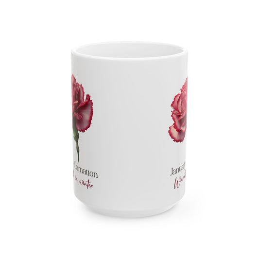 January Carnation Mug | Floral Winter Botanical 15oz Coffee Cup