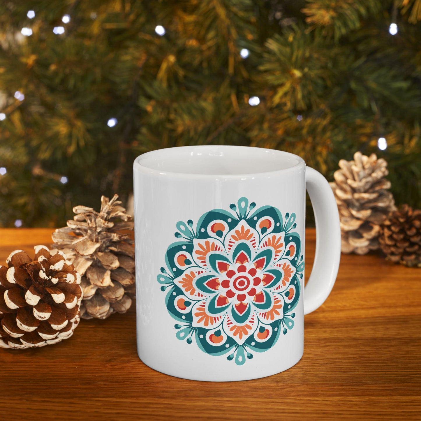 Boho Sunrise Mandala Ceramic Mug | Teal Orange Art Coffee Cup