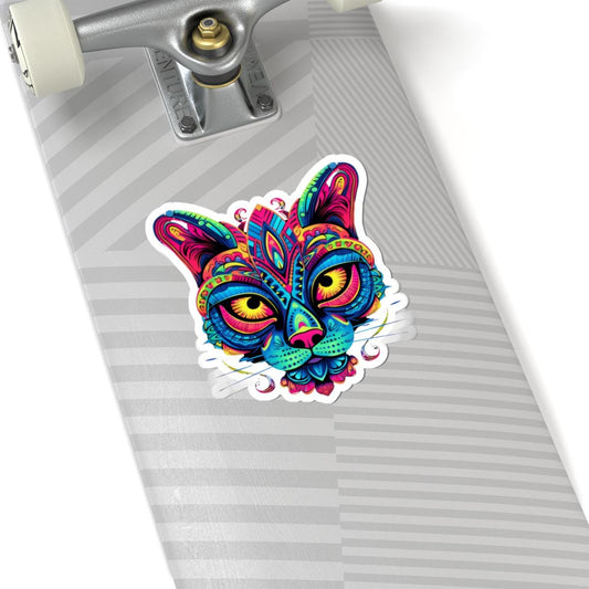 Psychedelic Cat Sticker | Rainbow Mandala Art, Trippy Neon Feline Vinyl Decor