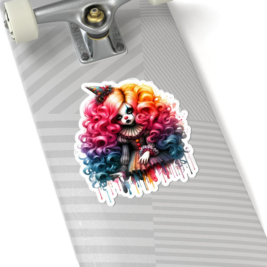 ColorFlow | Pastel Circus Doll Sticker | Rainbow Curls Creepy Cute Clowncore Art | Gothic Jester Alt Aesthetic Decal