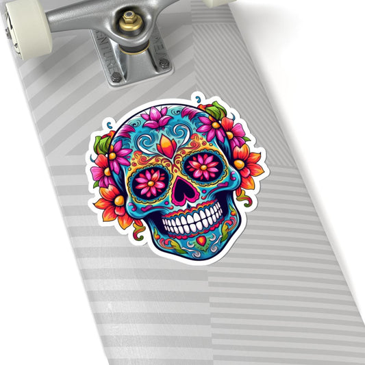 ColorFlow | Teal Sugar Skull Sticker with Floral Eyes | Dia de los Muertos Waterproof Decal | Boho Skull Art | Calavera Vinyl Sticker