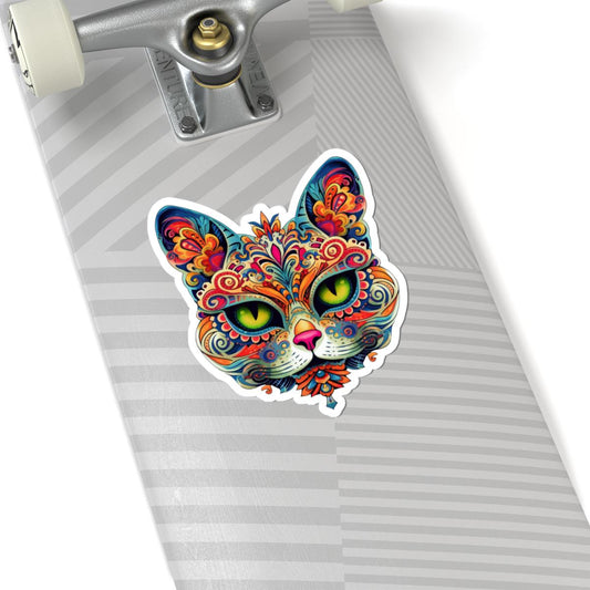 Psychedelic Mandala Cat Sticker | Vibrant Floral Trippy Vinyl Decal (Waterproof)