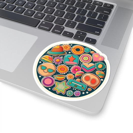 Groovy Retro Vibes Sticker Collage | 70s Planets, Flowers, Cassette, Stars