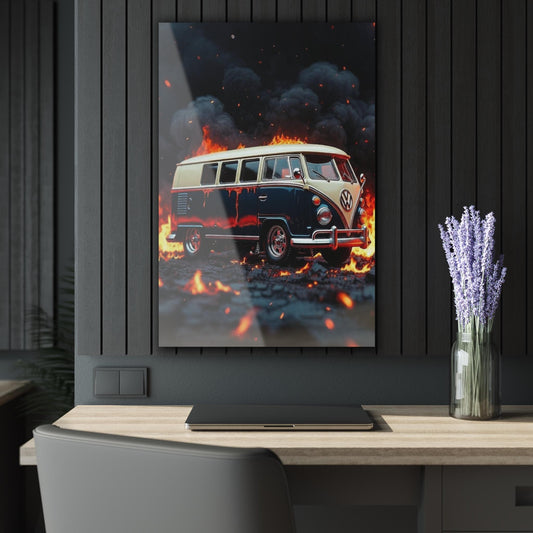ColorFlow | Vintage Van Fire Scene Metal Wall Art | Retro Bus Artwork | Classic Van Decor | Automotive Metal Art Print | Garage Decor